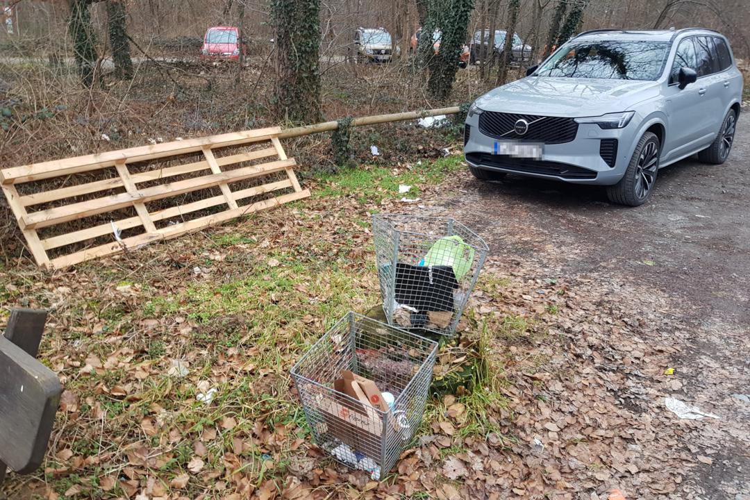 Muelleimer im Vordergrund, SUV, nebendran Muell und eine grosse Holzpalette