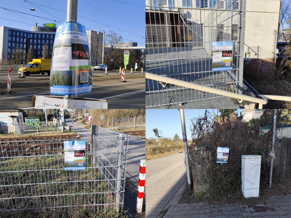 Collage von vier Bildern vonm aufgehaengten Infopostern.