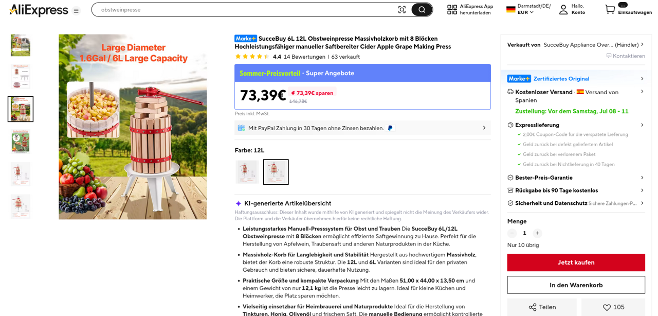 Angebot Obstpresse Aliexpress