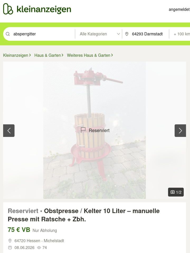 Inserat Obstpresse kleinanzeigen