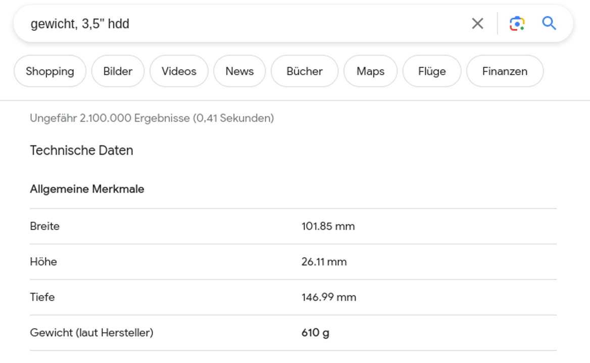 Google-Ergebnis Suche "gewicht, 3,5" hdd"